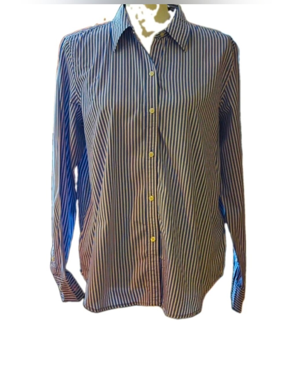 Classic Chaps Womens Blue/White Striped Long Sleeve Button Front Shirt Large
